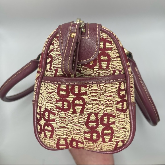 Etienne Aigner Vintage Handbag Burgundy Dark‎ Red Leather Tan Canvas Logo Purse - Picture 9 of 11